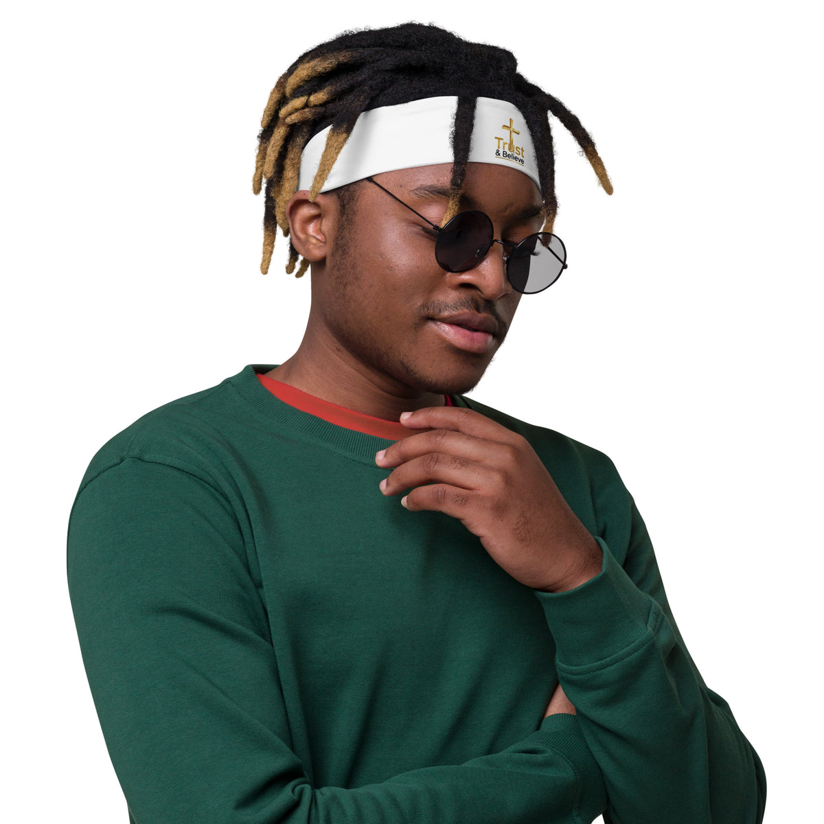White Trust & Believe headband by Tristan's Outlet with all-over print, shown from the right front angle.