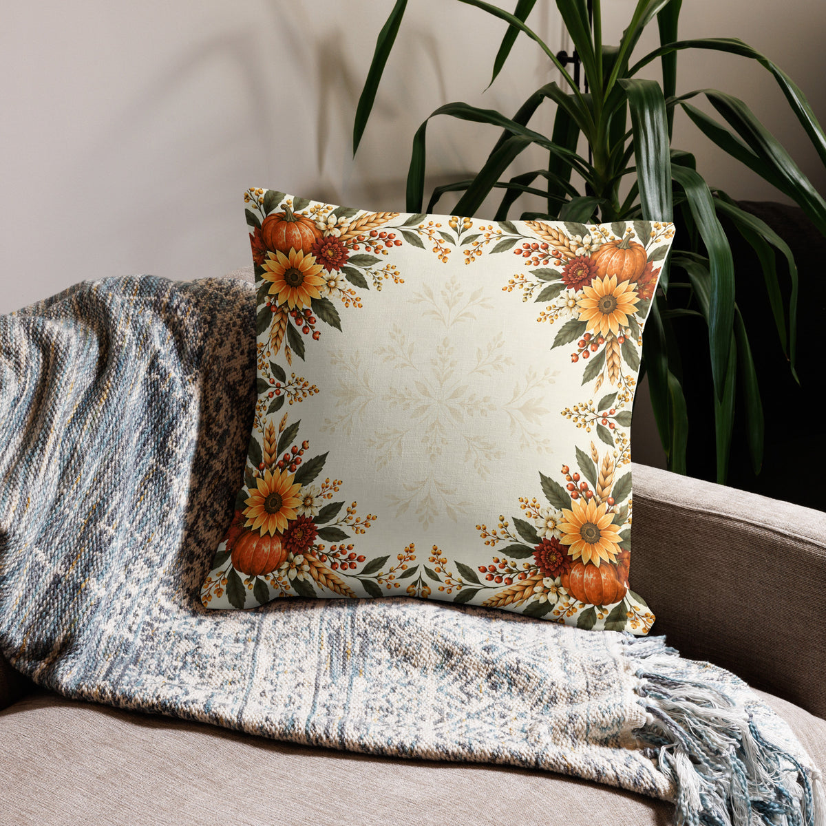 All-over-print Give Thanks 1 Chronicles 16:34 Christian pillow by Tristan's Outlet, featuring inspirational scripture design.