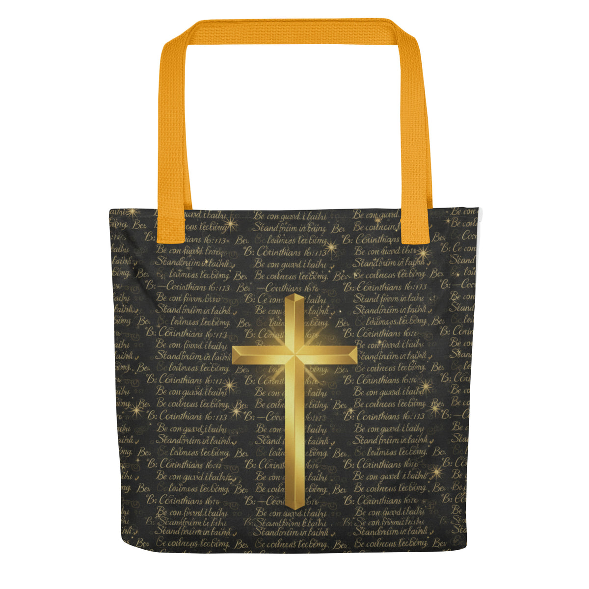 Yellow all-over-print tote bag featuring biblical verse 1 Corinthians 16:13 with "Be Strong" design by Tristan's Outlet.