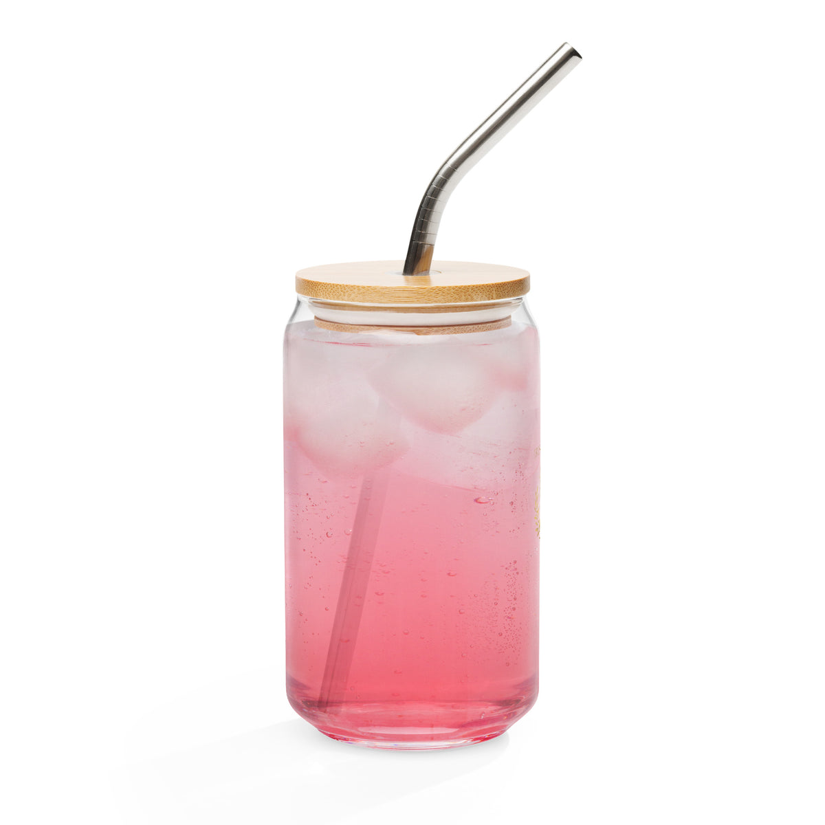 Tristan's Outlet Faith Collection 16 oz glass can with lid and straw, designed for beverages and outdoor use.