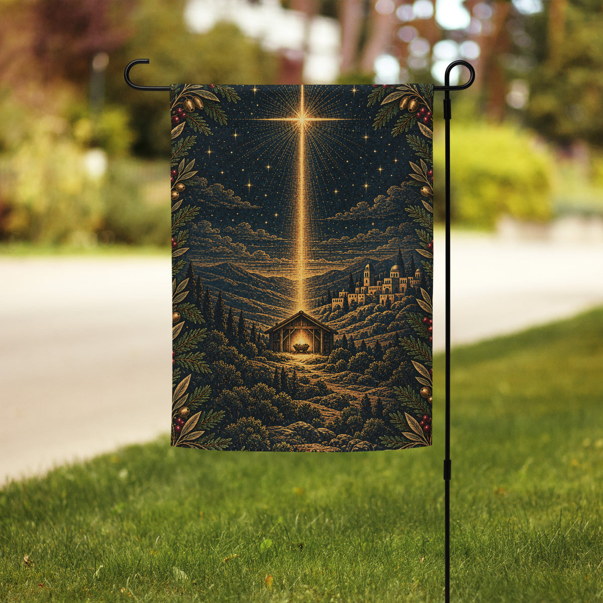 Bethlehem Nativity garden flag by Tristan's Outlet featuring a white background and festive nativity scene design.