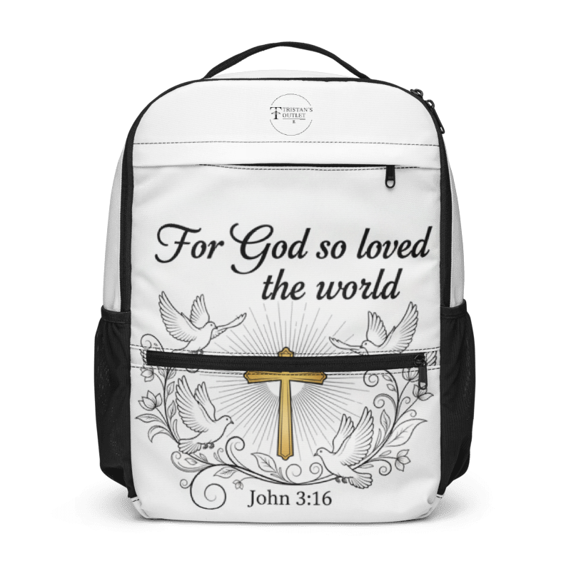 All-over print utility backpack featuring John 3:16 Bible verse design, durable canvas material, multiple compartments, and adjustable straps.