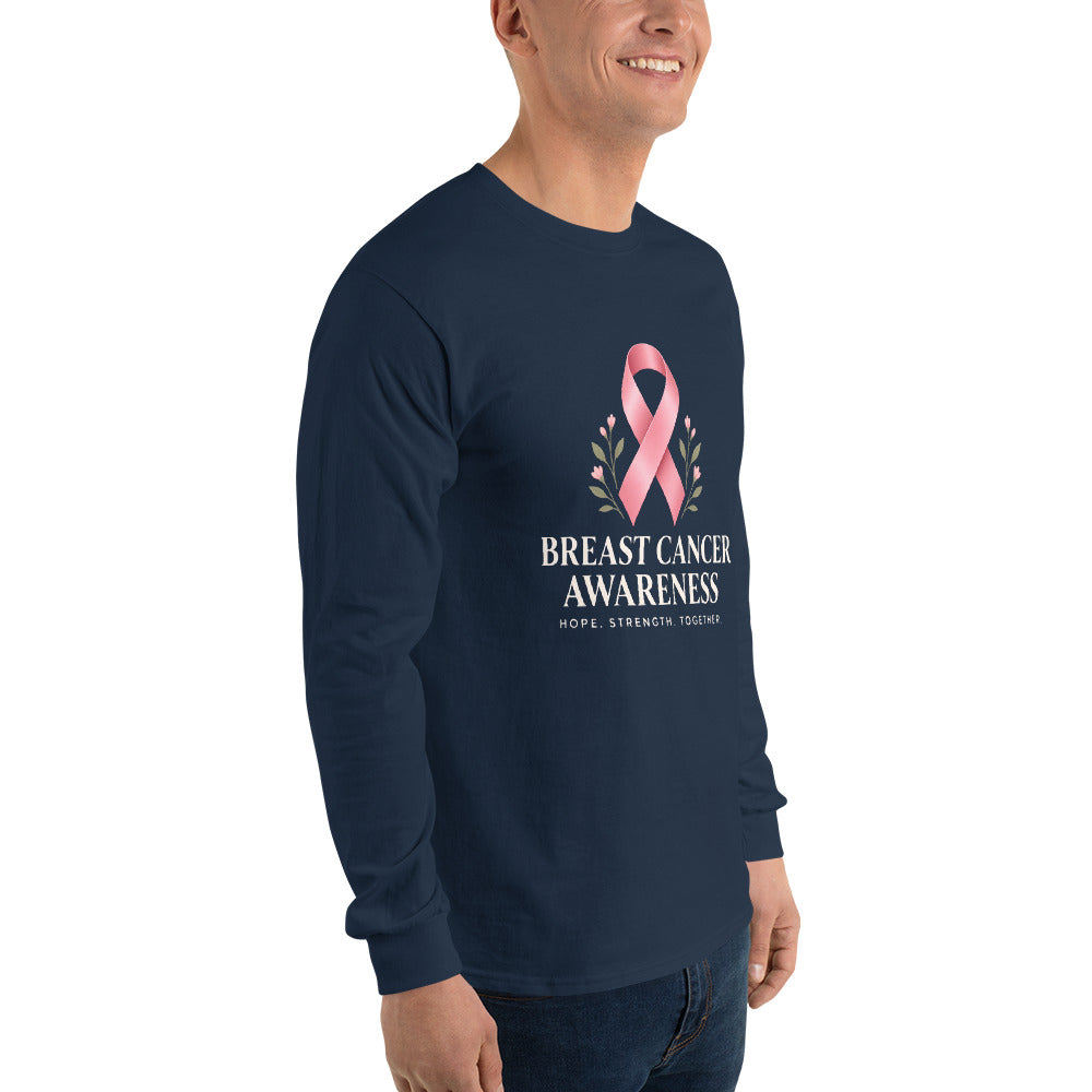 Navy unisex long-sleeve shirt supporting breast cancer awareness, featuring Fight Together design from Tristan's Outlet.