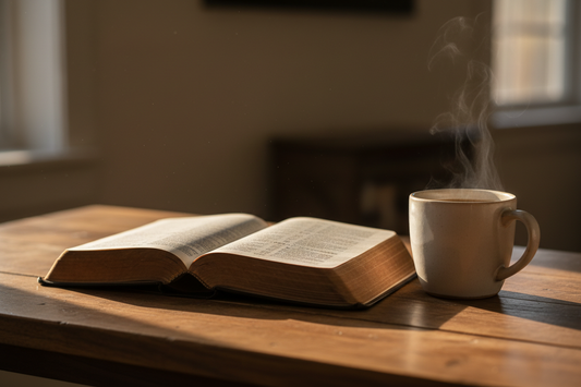 A worn open Bible and a ceramic coffee mug on a wooden table in warm early morning sunlight