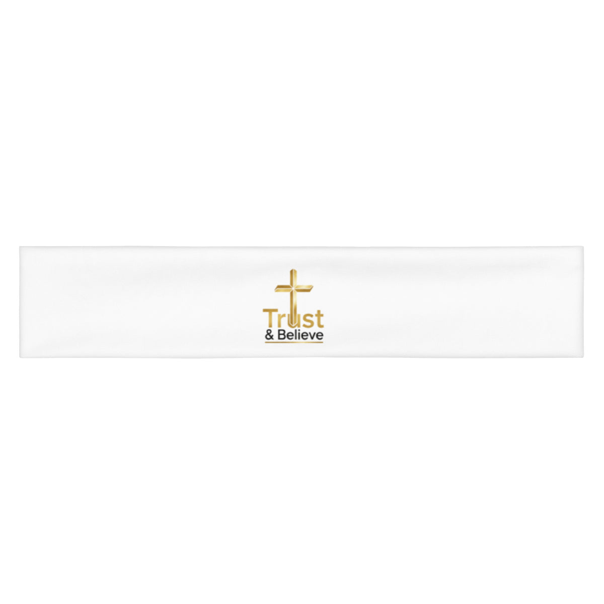 White Trust & Believe headband by Tristan's Outlet with an all-over print, worn on the front for a stylish, sporty look.