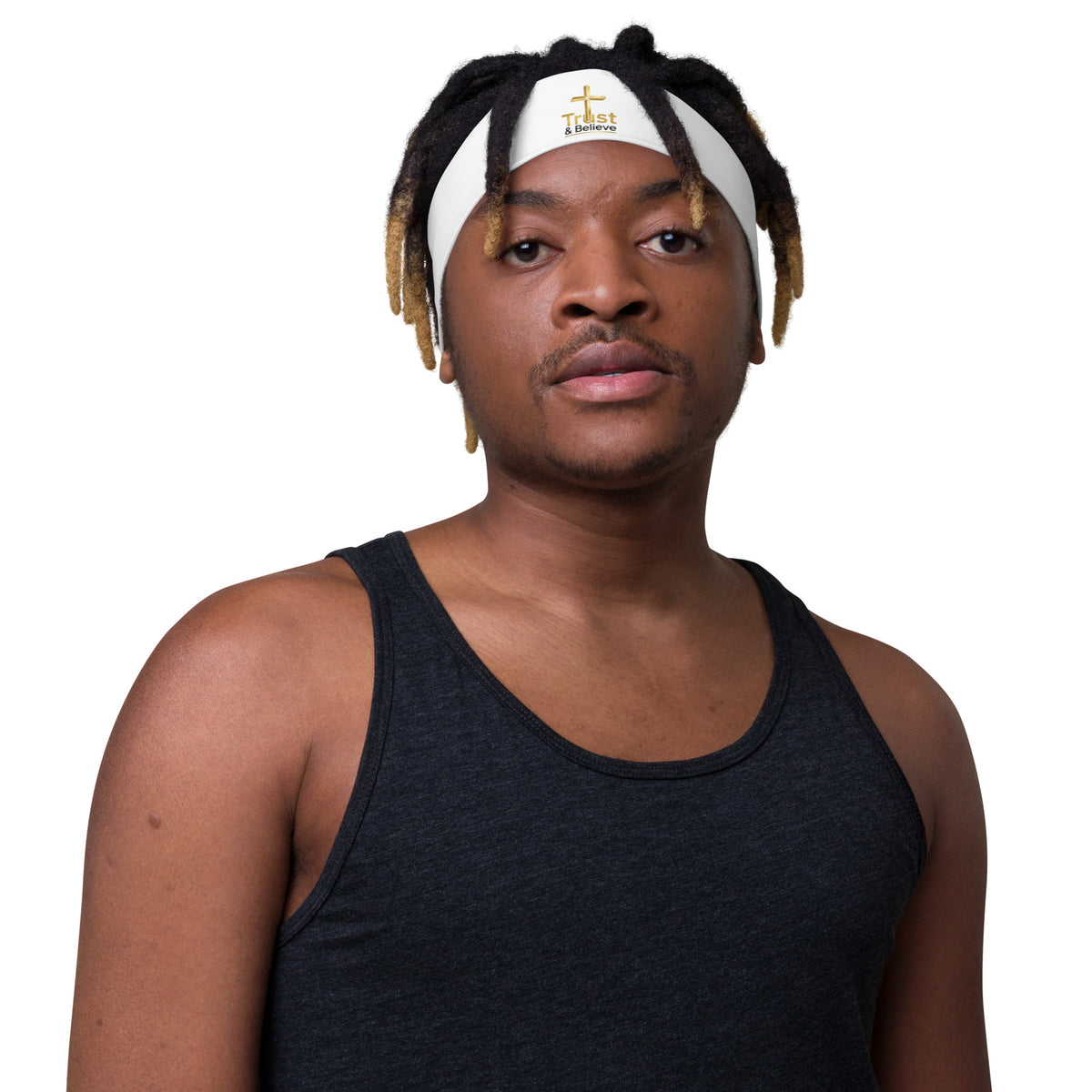 White Trust & Believe headband by Tristan's Outlet with colorful all-over print, designed for comfortable wear and stylish look.