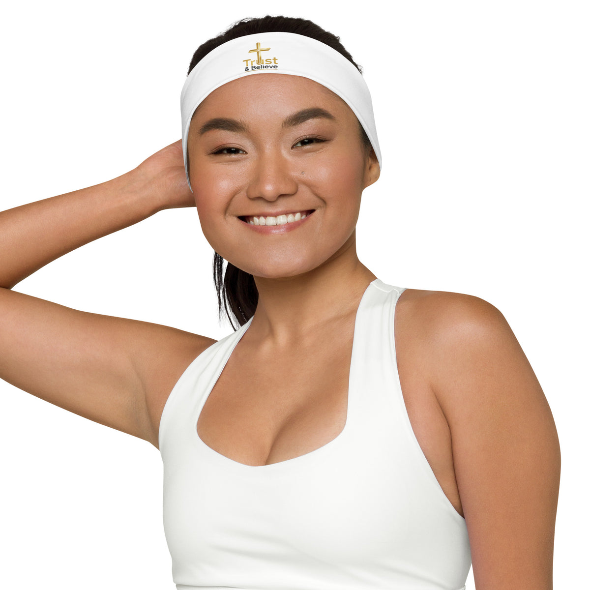 White Trust & Believe headband by Tristan's Outlet with all-over print, stylish and comfortable for active wear or casual outfits.