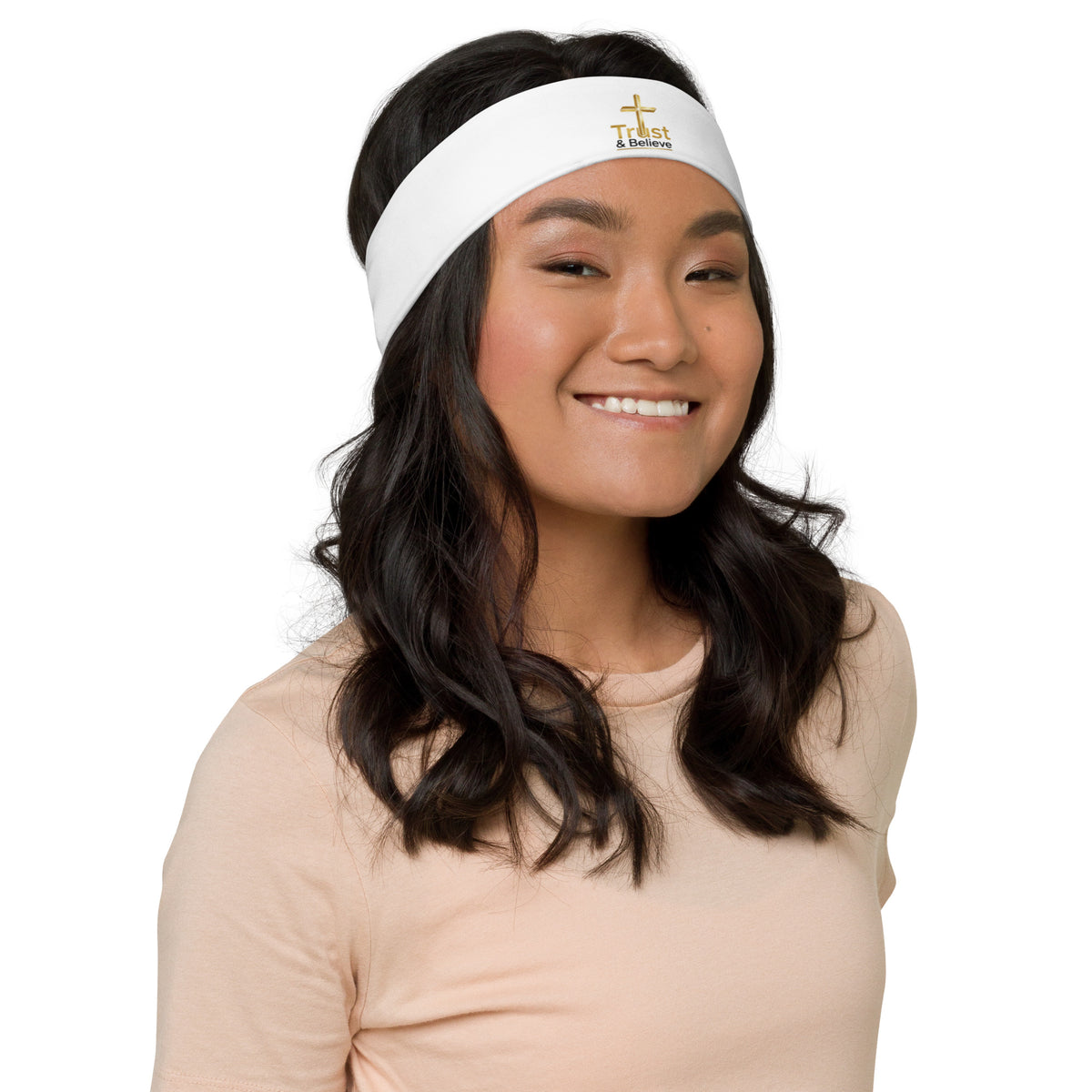 White Trust & Believe headband by Tristan's Outlet with all-over print design, front view highlighting the colorful pattern.