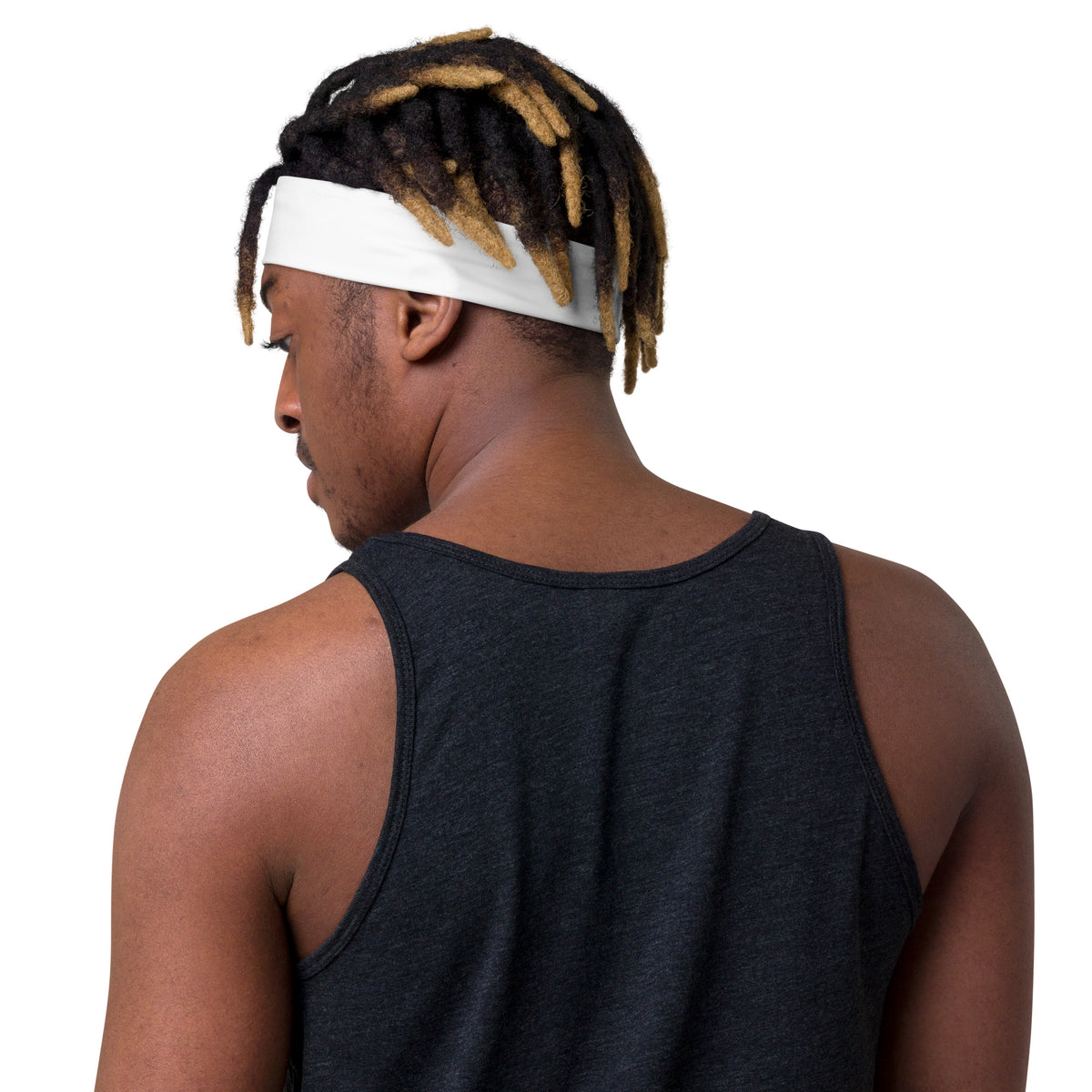 White Trust & Believe headband by Tristan's Outlet with an all-over print, shown from the left back angle.