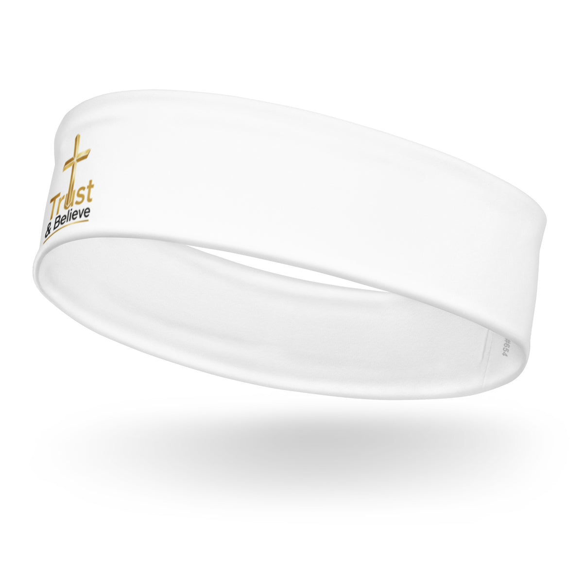 White Trust & Believe headband by Tristan's Outlet with colorful all-over print, shown from the front left angle.