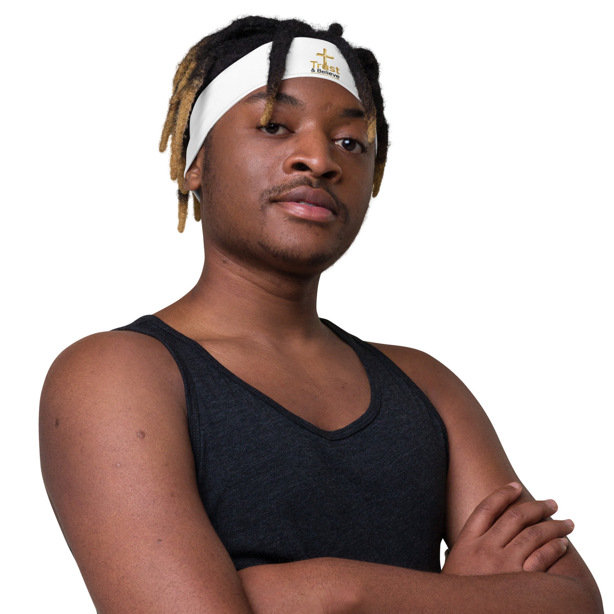 White Trust & Believe headband by Tristan's Outlet with an all-over print, shown from the right front angle.