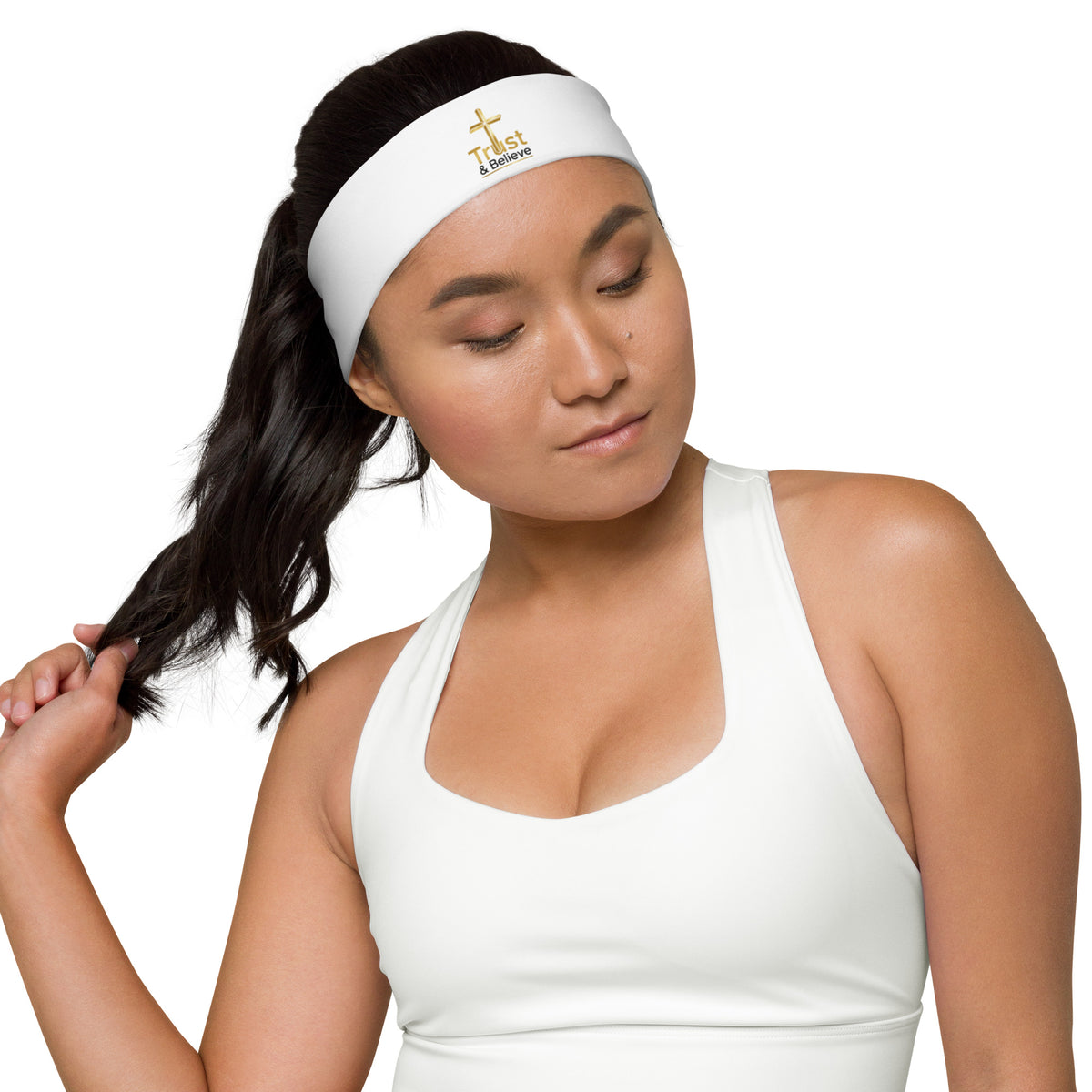 Trust & Believe headband by Tristan's Outlet featuring an all-over white print, shown from the right front angle.