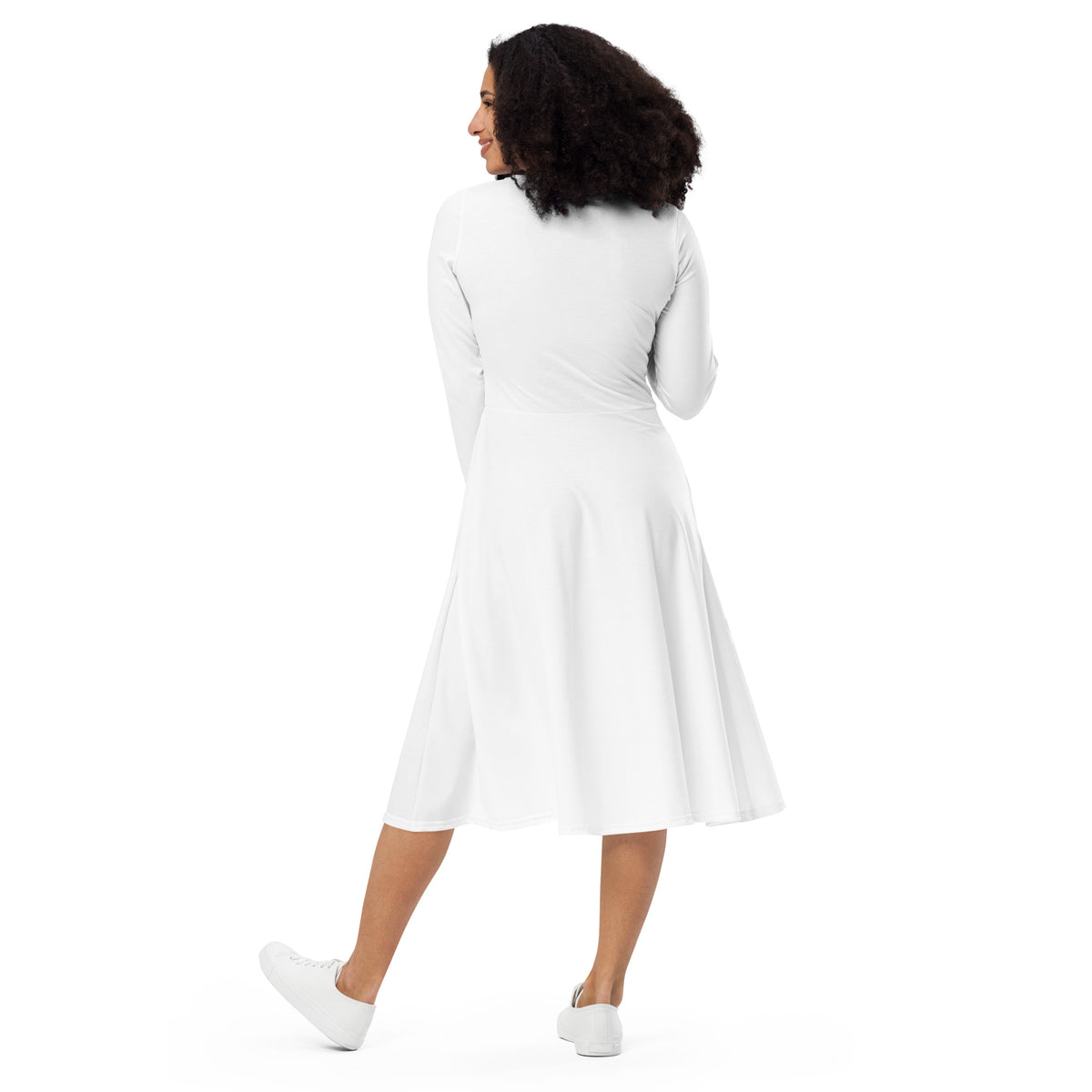 White graphic print long sleeve midi dress from Tristan's Outlet, displayed from the back view.