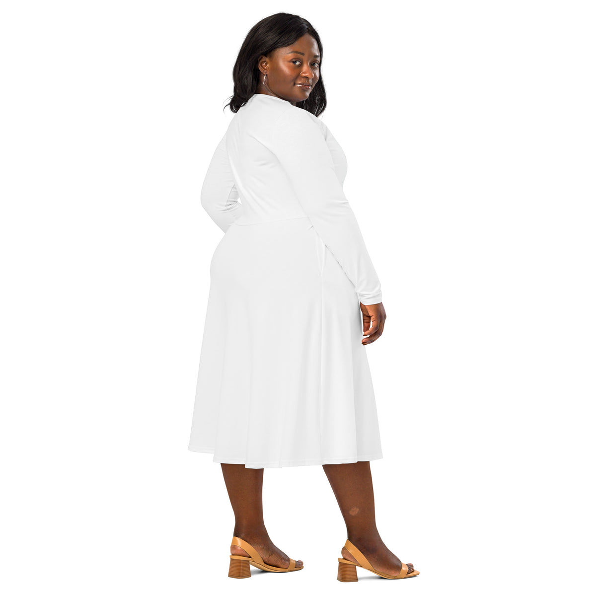 White graphic print long sleeve midi dress from Tristan's Outlet, featuring an all-over artistic pattern and a back view.