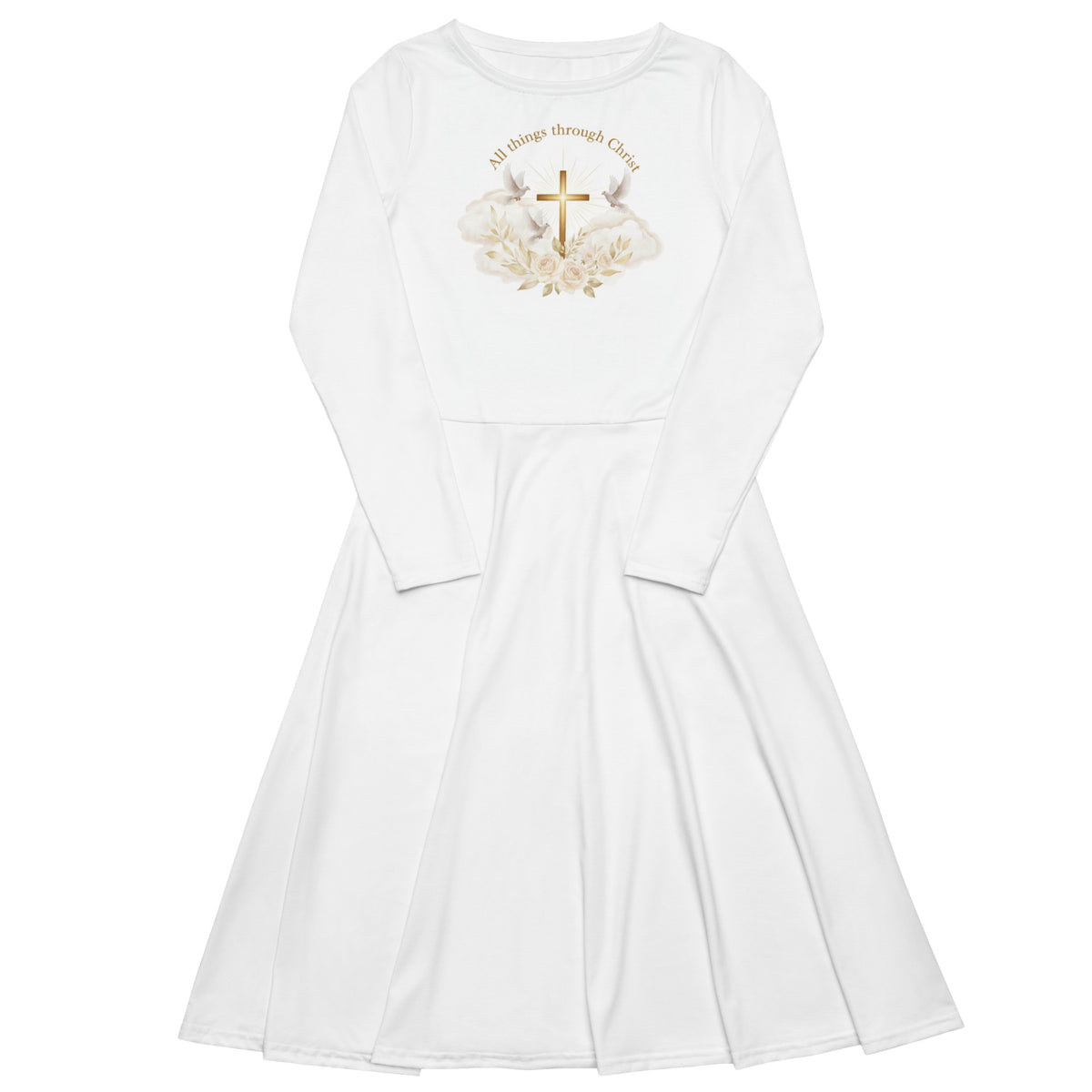 White graphic print long sleeve midi dress from Tristan's Outlet, featuring an all-over vibrant design and a flattering silhouette.