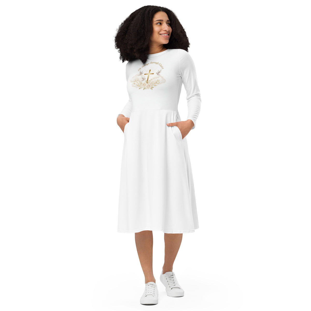 White graphic print long sleeve midi dress by Tristan's Outlet, shown from the front with bold all-over design.