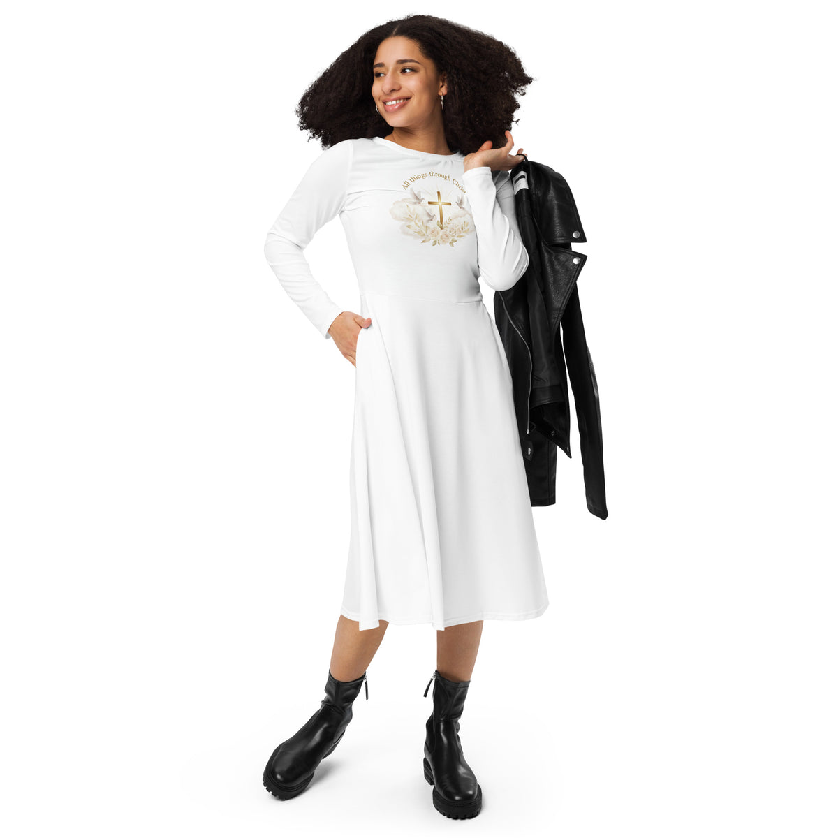 White graphic print long sleeve midi dress from Tristan's Outlet, featuring all-over colorful artwork on soft fabric.