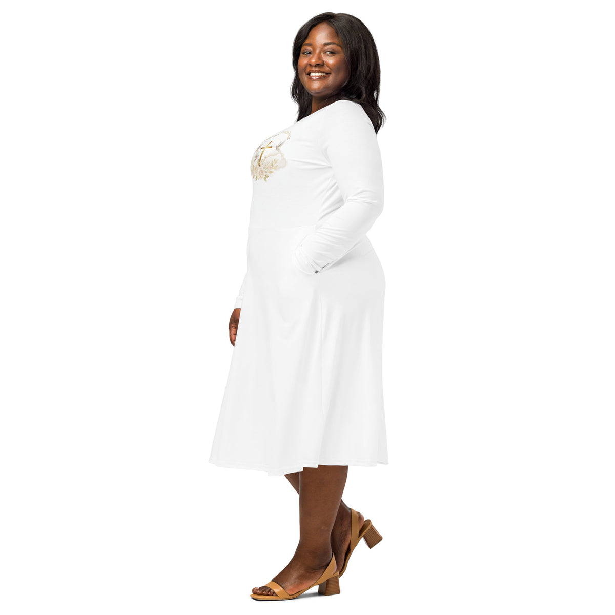 White graphic print long sleeve midi dress from Tristan's Outlet, featuring an all-over artistic pattern and a fitted silhouette.