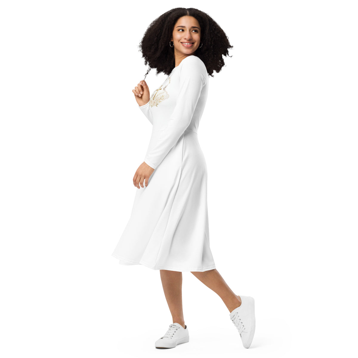 White graphic print long sleeve midi dress from Tristan's Outlet, shown from the left front view.