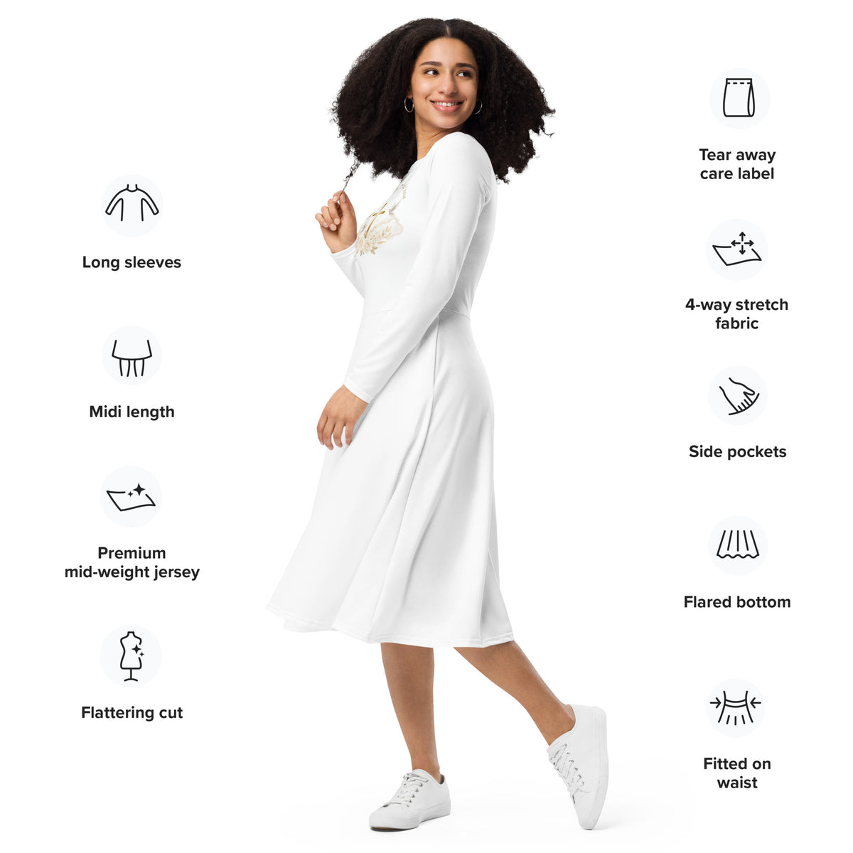 White graphic print long sleeve midi dress by Tristan's Outlet, shown from the front with all-over bold pattern.