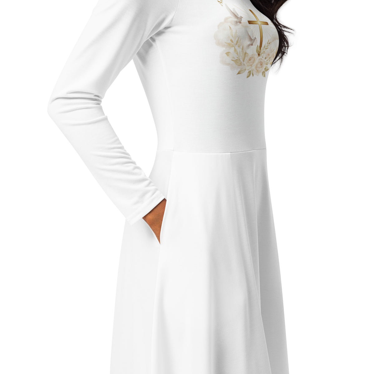 White graphic print long sleeve midi dress by Tristan's Outlet featuring all-over bold design and comfortable fabric.