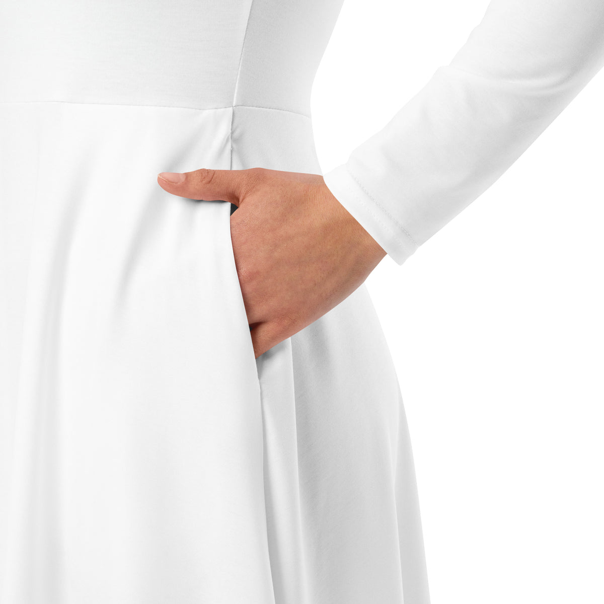 White graphic print long sleeve midi dress from Tristan's Outlet, featuring bold artwork and a comfortable, stylish fit.