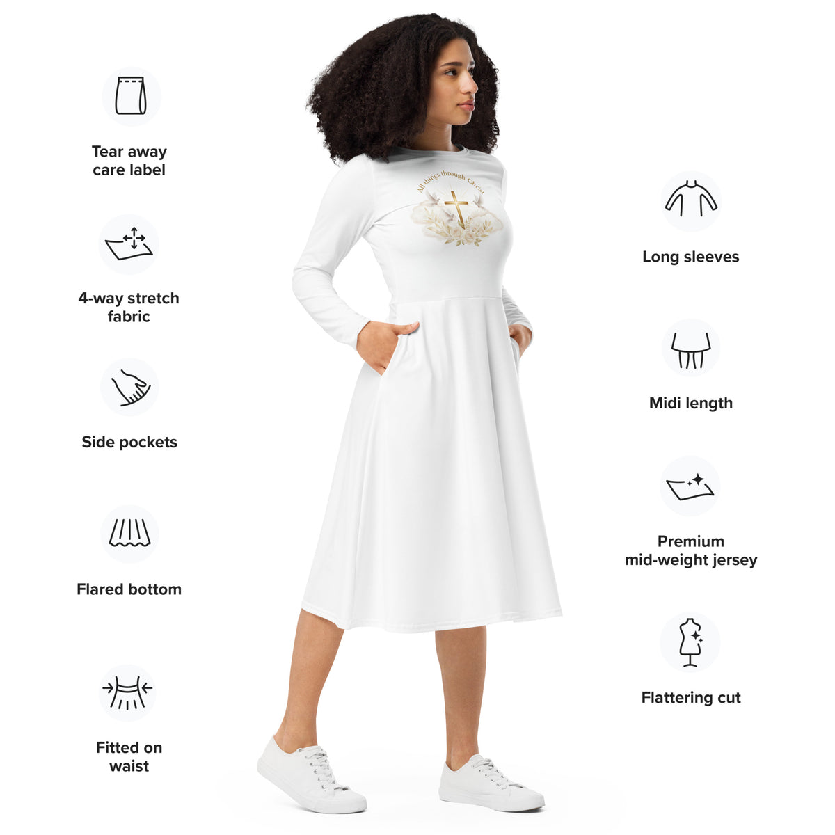 White long sleeve midi dress with graphic print from Tristan's Outlet, shown from the right front.