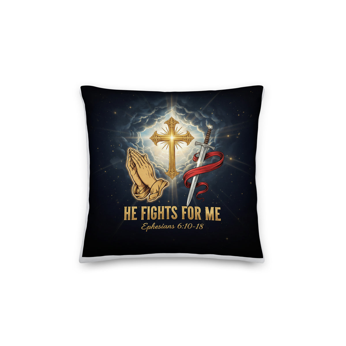He Fights For Me pillow featuring Ephesians 6:10-18 design, a 14x14 all-over-print decorative pillow by Tristan's Outlet.