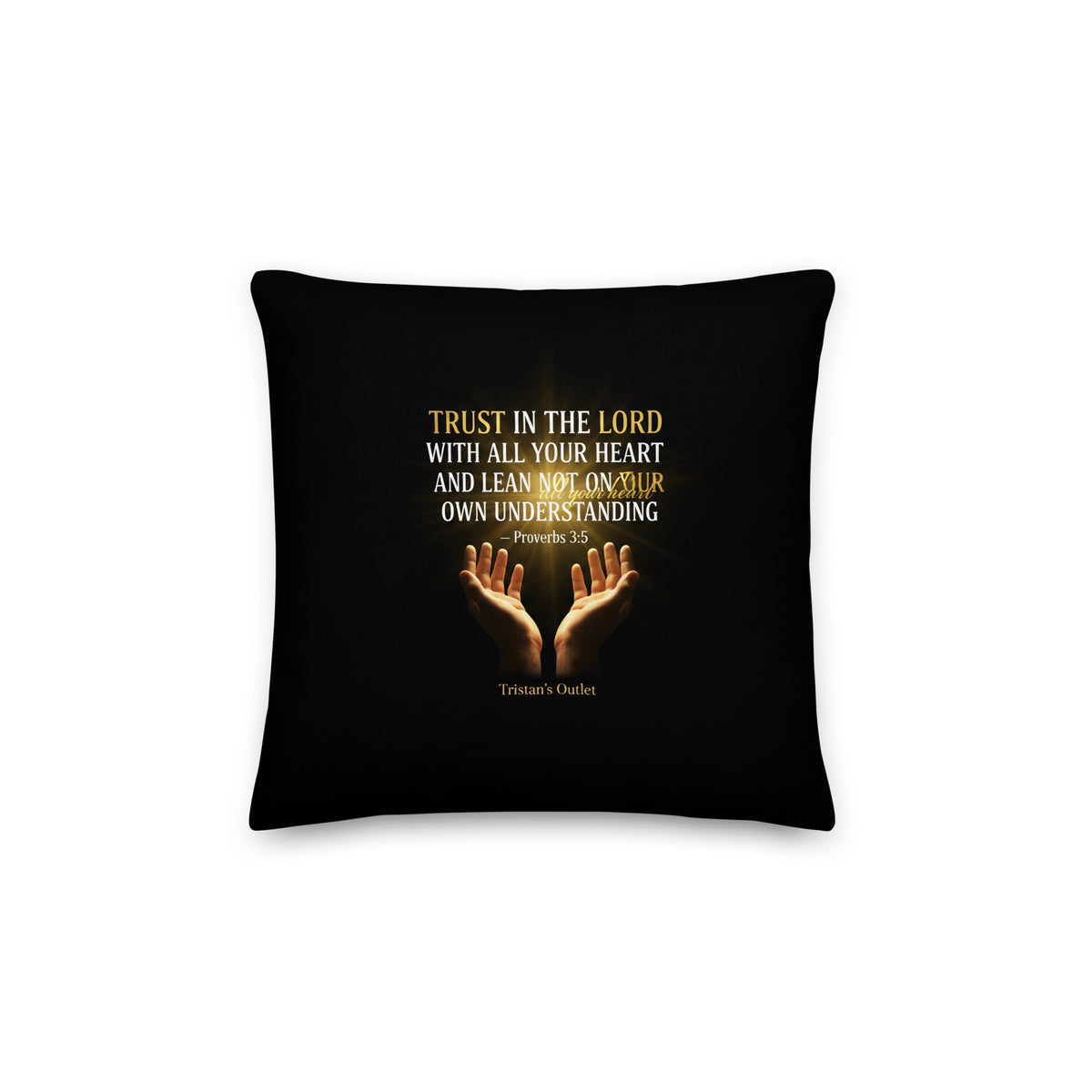 All-over print 14x14-inch throw pillow featuring Proverbs 3:5 Bible verse design from Tristan's Outlet.