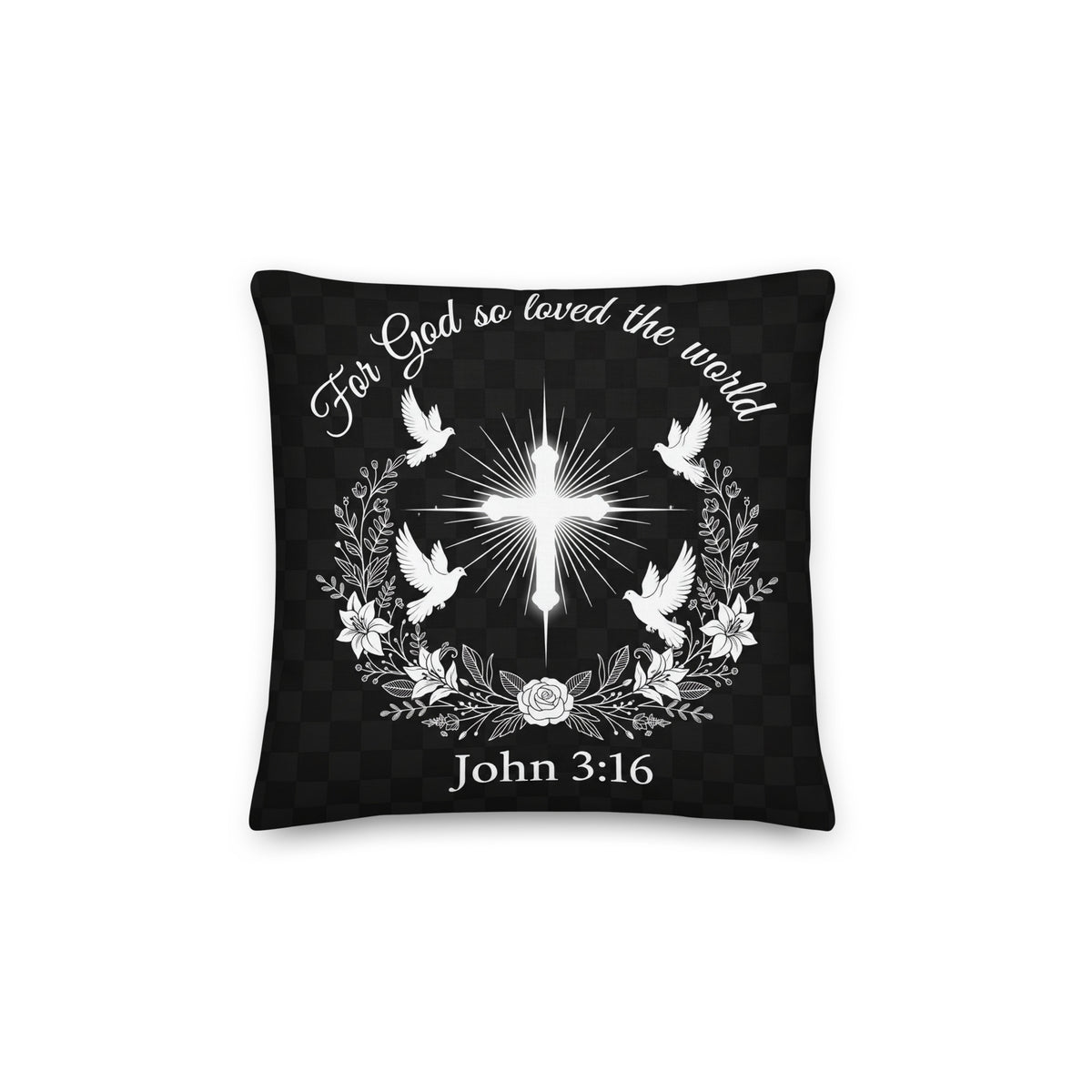 Trust in the Lord throw pillow with all-over print featuring John 3:16 scripture, 14x14-inch premium pillow from Tristan's Outlet.