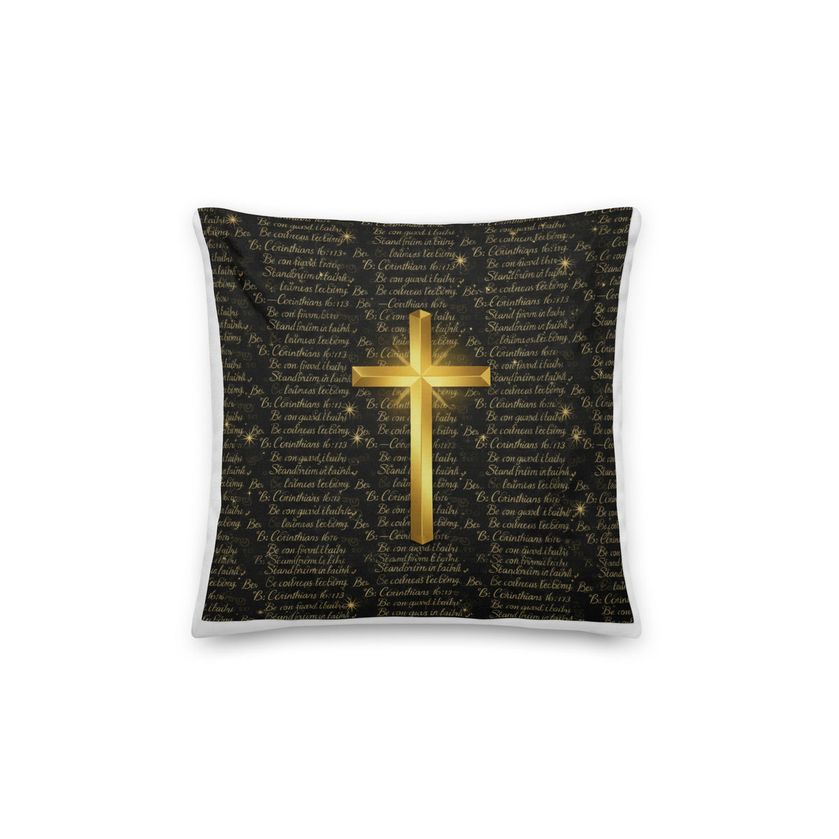 All-over print 14x14 inch Faith Throw Pillow featuring 1 Corinthians 16:13 with inspirational script design.