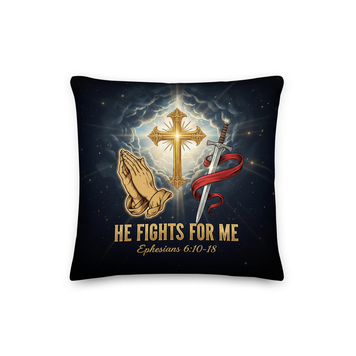 He Fights For Me pillow featuring Ephesians 6:10-18 scripture, all-over print, 16x16-inch decorative pillow from Tristan's Outlet.