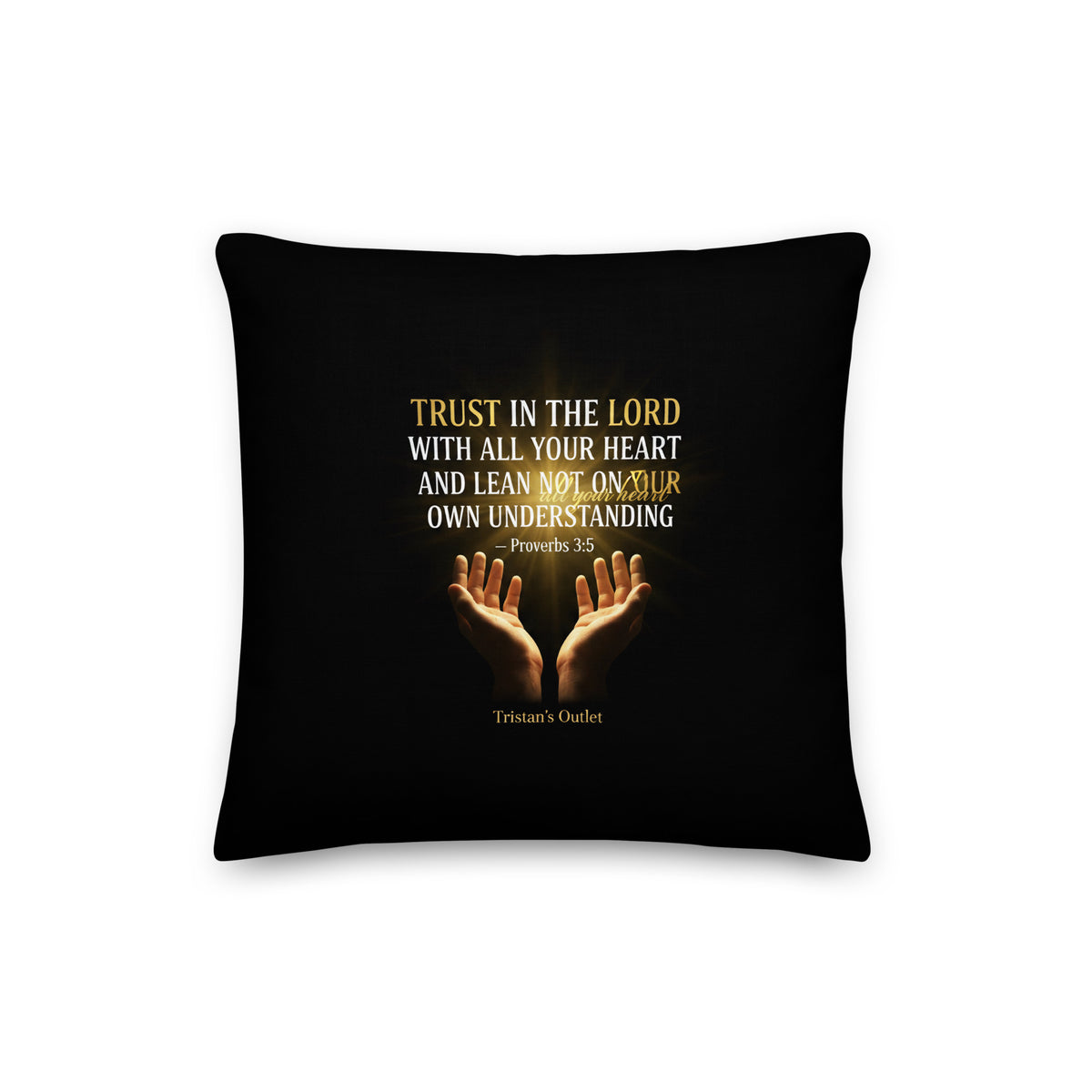 All-over-print 16x16-inch throw pillow featuring Proverbs 3:5 with "For God So Loved the World" design, from Tristan's Outlet.