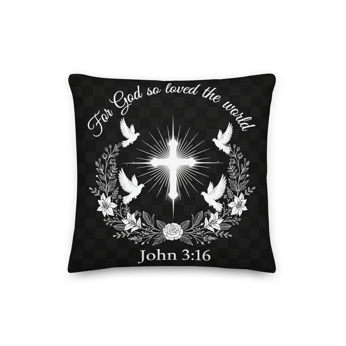 Trust in the Lord throw pillow featuring John 3:16 scripture, all-over print, 16x16 inches, by Tristan's Outlet.