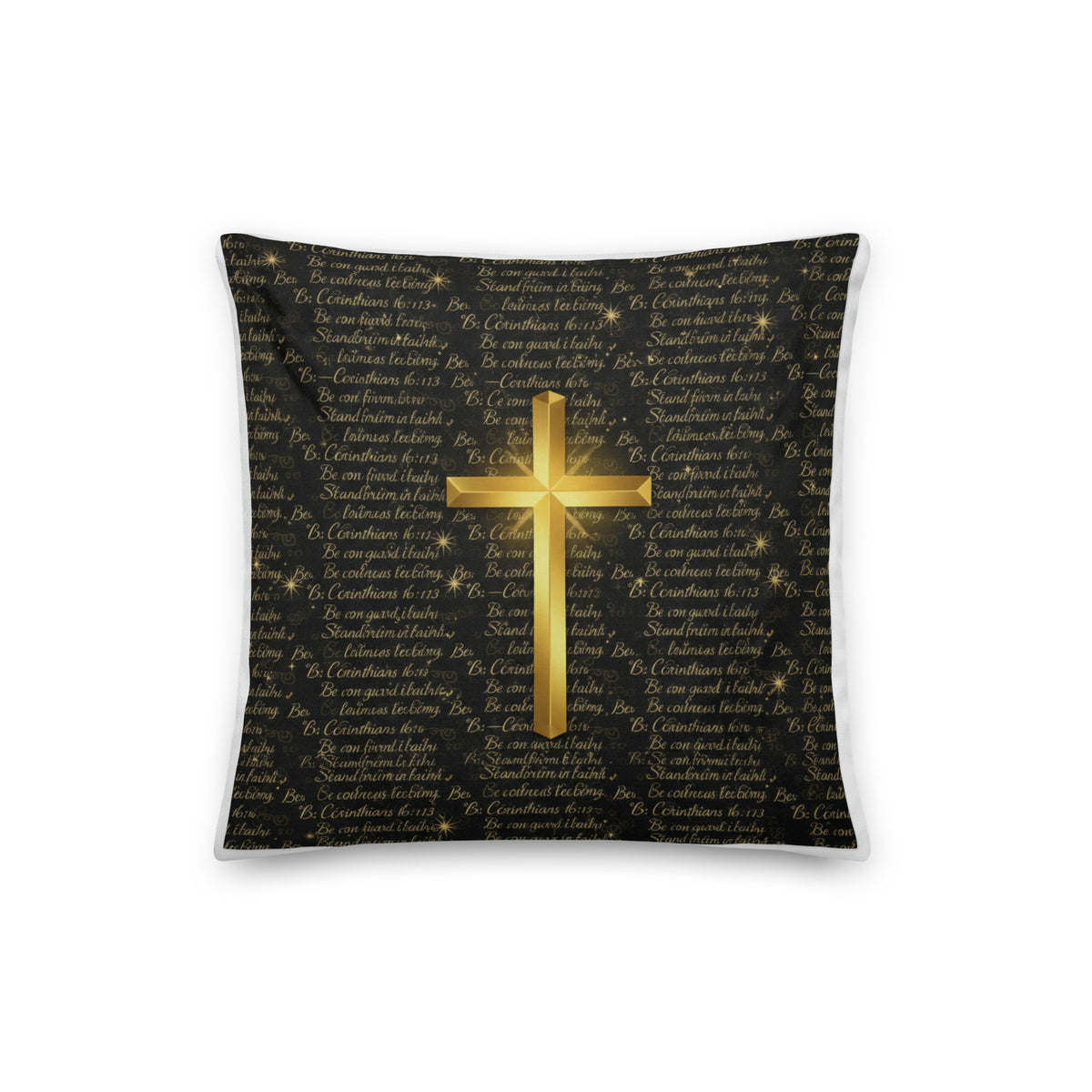 Premium 16x16 Christian throw pillow with all-over-print design featuring 1 Corinthians 16:13 from Tristan's Outlet.