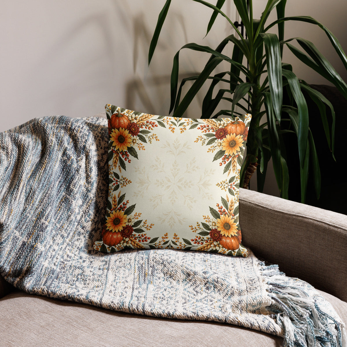 All-over-print 18x18-inch Give Thanks pillow with 1 Chronicles 16:34 design by Tristan's Outlet, featuring a decorative scripture print.