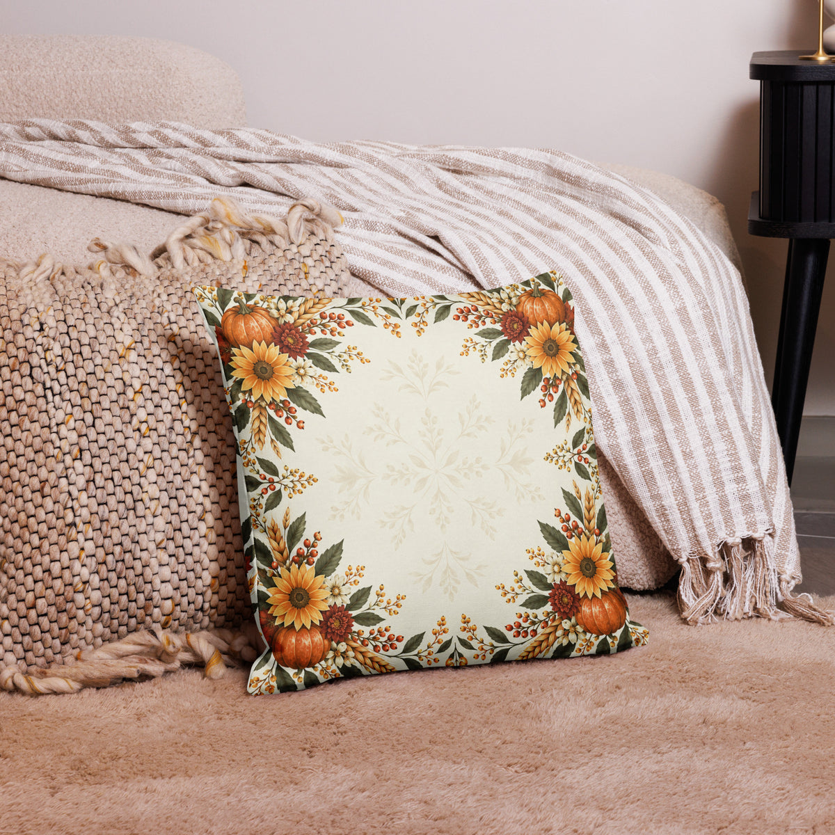 All-over-print 18x18-inch Give Thanks pillow with 1 Chronicles 16:34 design by Tristan's Outlet, featuring a decorative scripture pattern.
