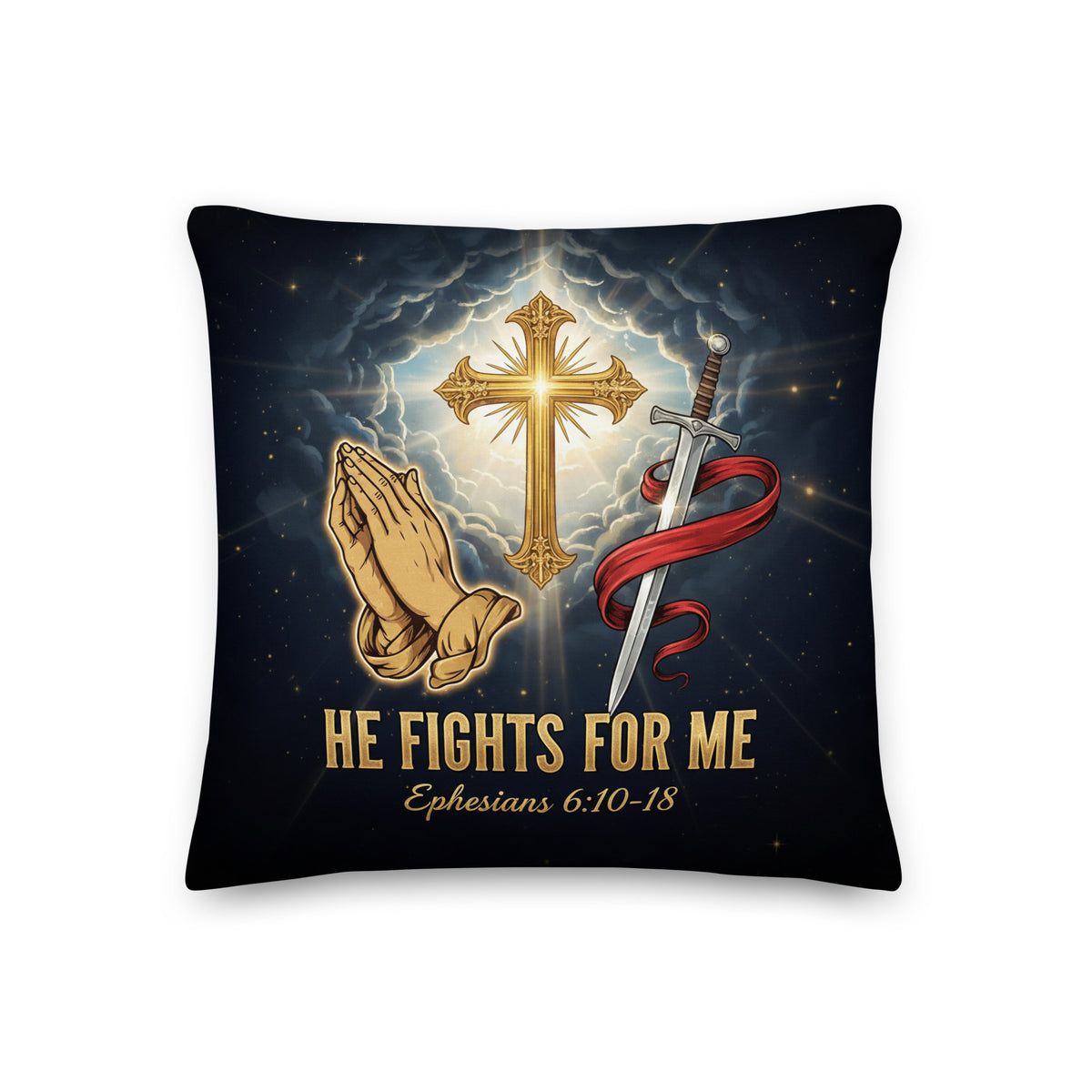 All-over print He Fights For Me pillow featuring Ephesians 6:10-18 design, 18x18-inch decorative pillow from Tristan's Outlet.