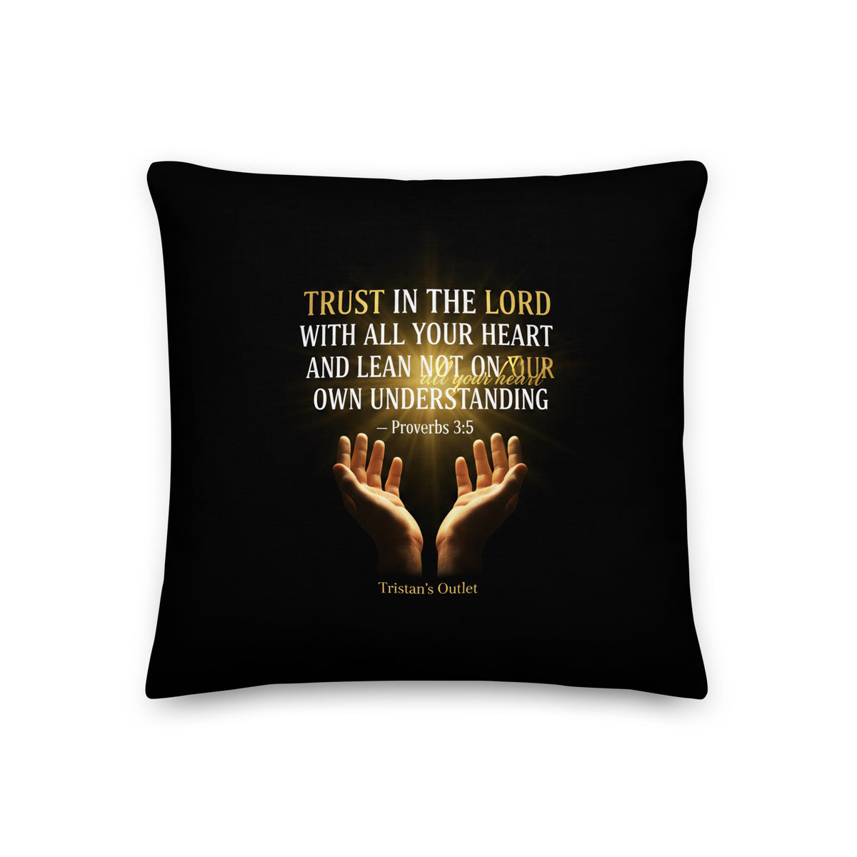 All-over print 18x18-inch throw pillow featuring "For God So Loved the World" design with Proverbs 3:5, by Tristan's Outlet.