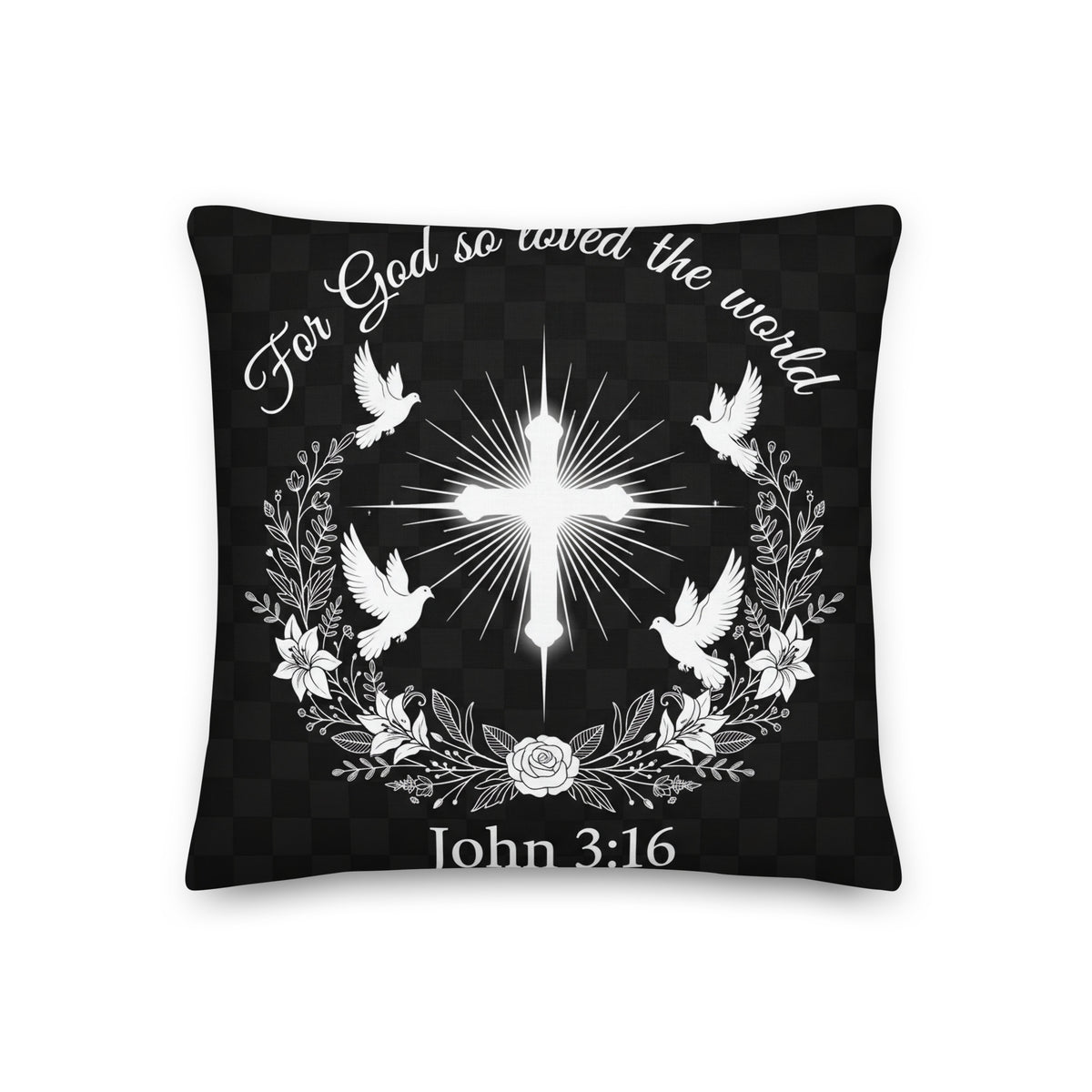 Trust in the Lord throw pillow featuring John 3:16 with an all-over print, 18x18-inch decorative pillow from Tristan's Outlet.