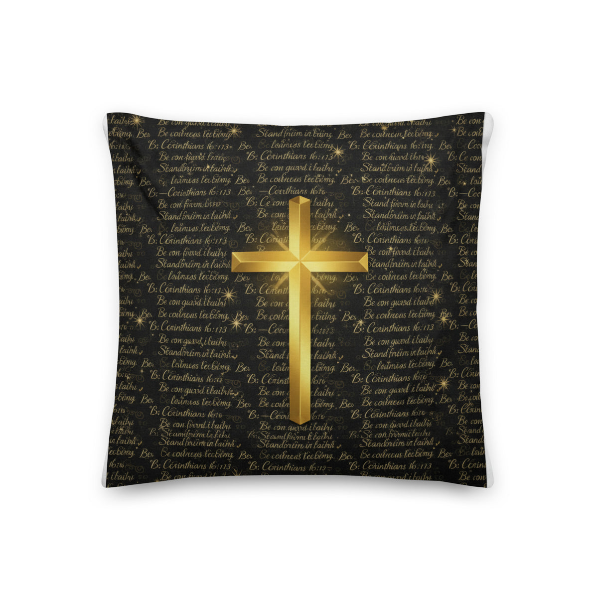 All-over-print 18x18-inch Faith Throw Pillow featuring 1 Corinthians 16:13 design, from Tristan's Outlet, soft and decorative.