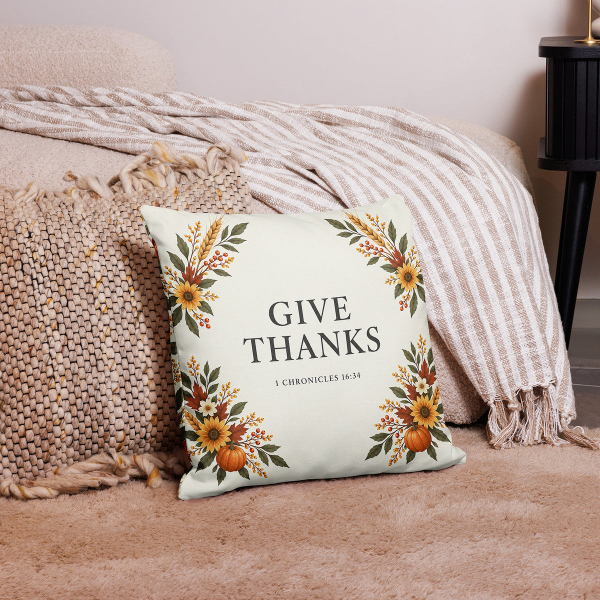 All-over-print 18x18-inch Give Thanks pillow featuring 1 Chronicles 16:34 design from Tristan's Outlet.