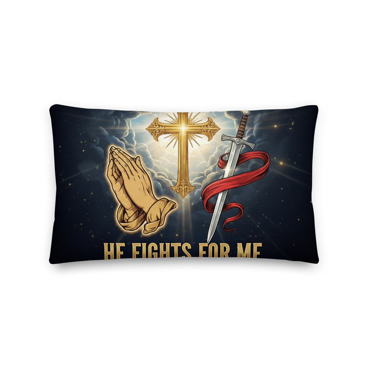 He Fights For Me pillow featuring Ephesians 6:10-18 with an all-over print, 20x12-inch premium pillow by Tristan's Outlet.