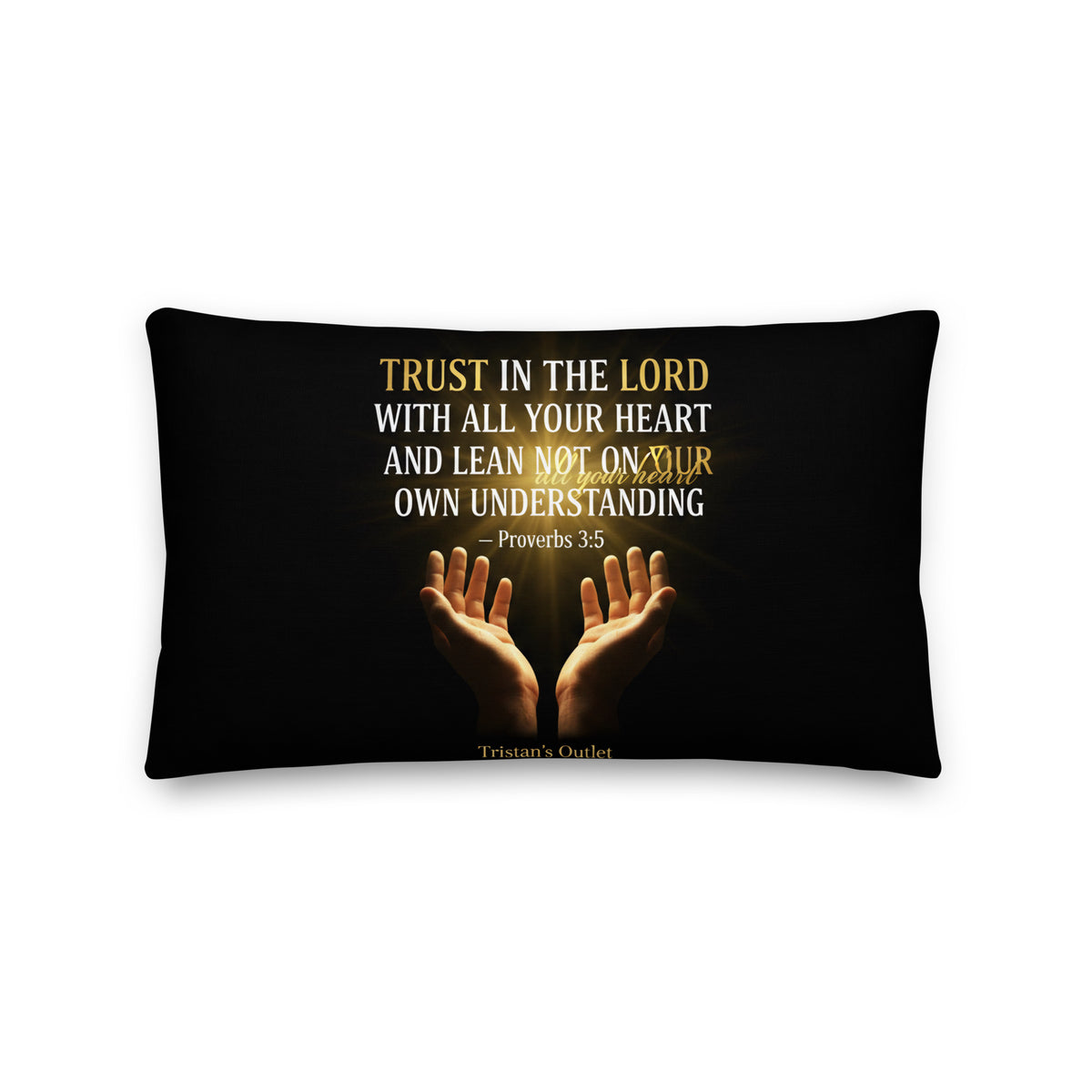 All-over print God So Loved the World throw pillow featuring Proverbs 3:5, 20x12 inch decorative pillow from Tristan's Outlet