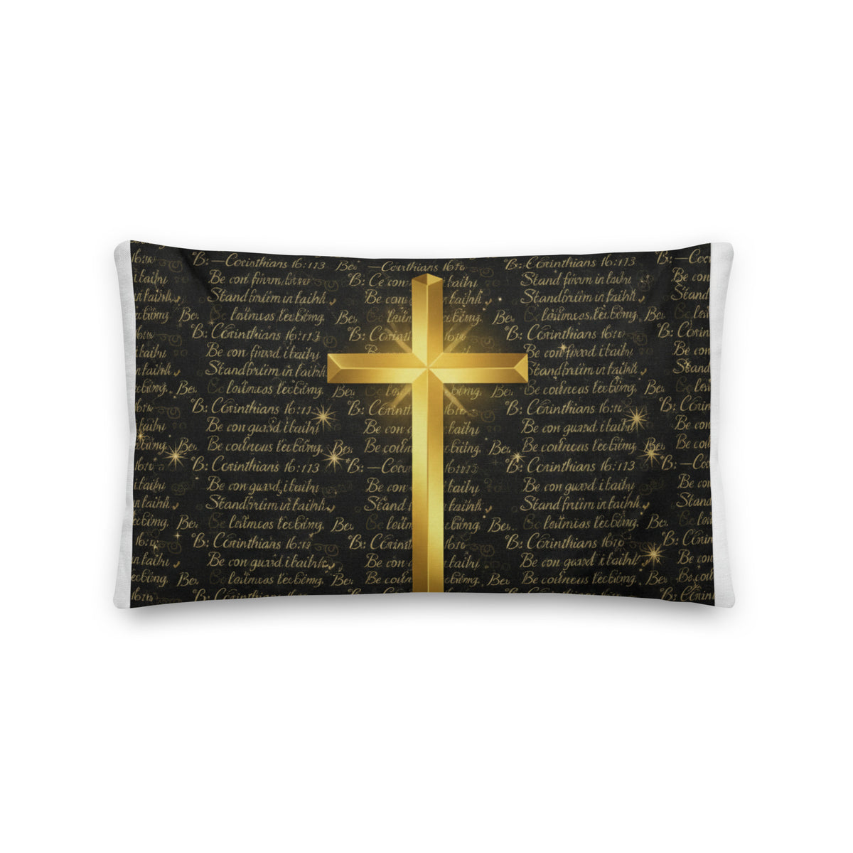 Premium all-over print throw pillow featuring "Stand Firm in Faith" with 1 Corinthians 16:13 verse, from Tristan's Outlet.