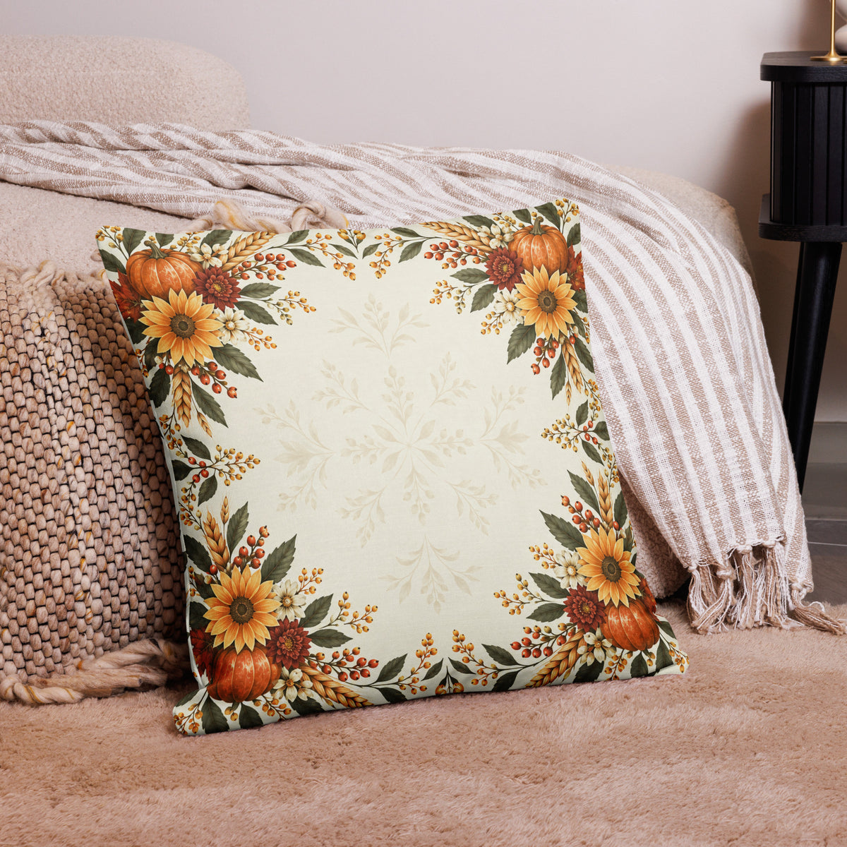 Premium 22x22-inch pillow with "Give Thanks" 1 Chronicles 16:34 print, featuring all-over Christian-themed design by Tristan's Outlet.