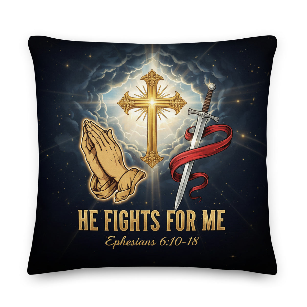 He Fights For Me pillow by Tristan's Outlet with all-over print featuring Ephesians 6:10-18 design, 22x22 inches.