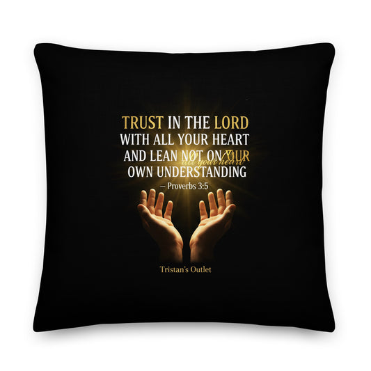 All-over-print 22x22-inch Tristan's Outlet throw pillow featuring the Bible verse Proverbs 3:5 and a loving, faith-inspired design.