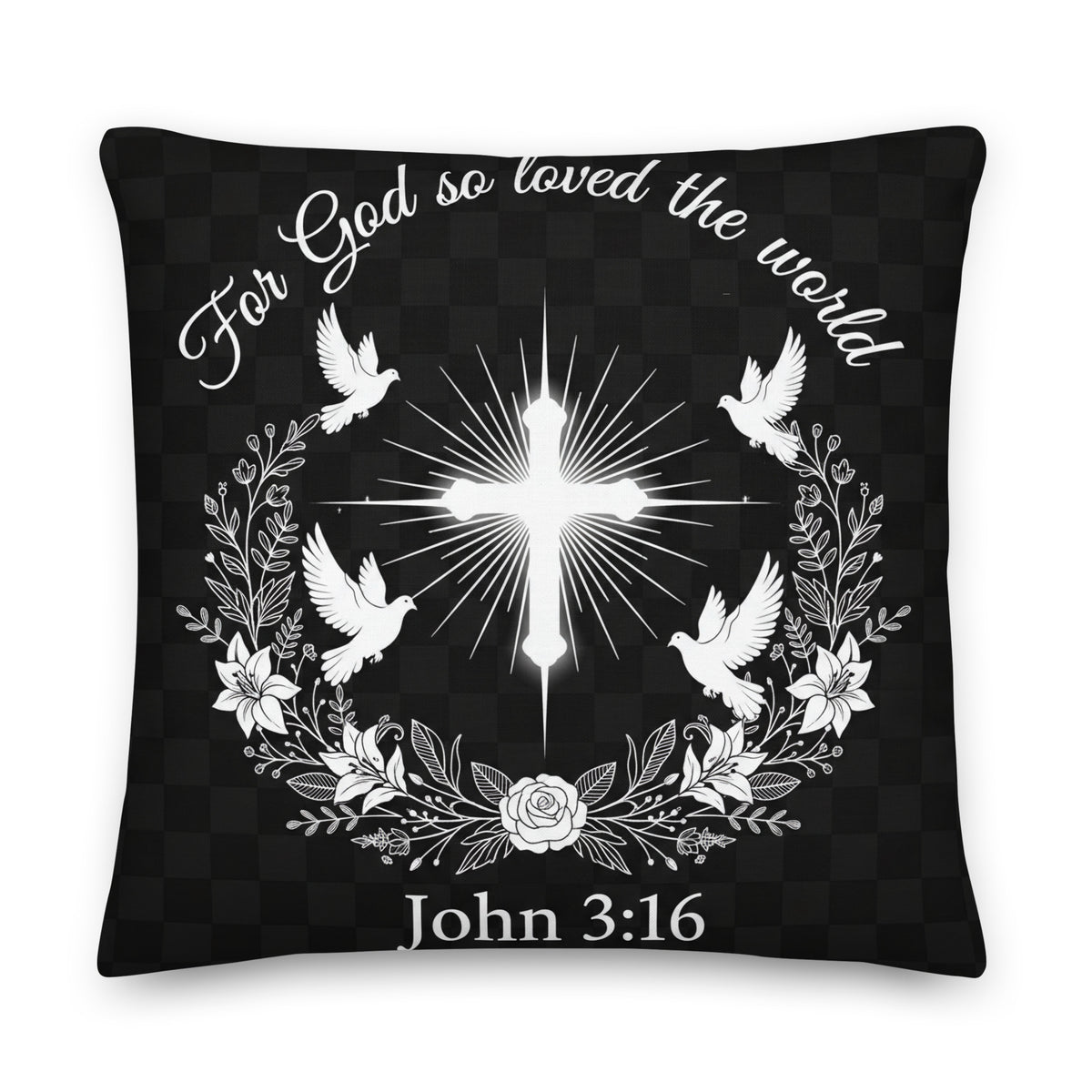 Trust in the Lord throw pillow by Tristan's Outlet featuring John 3:16 scripture and a vibrant, all-over-print design.