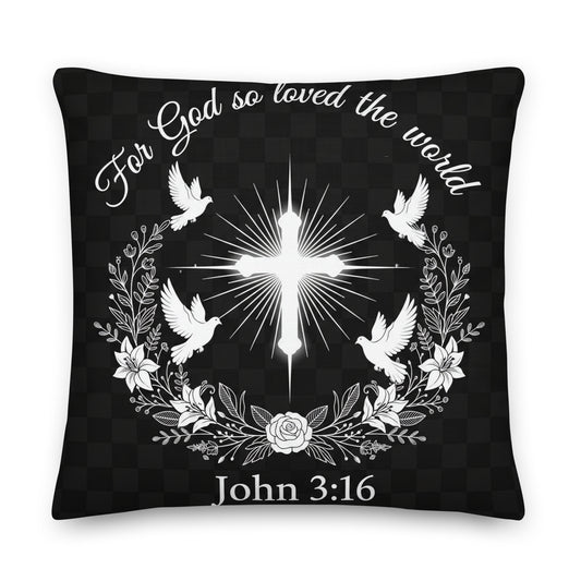 Trust in the Lord throw pillow by Tristan's Outlet featuring John 3:16 scripture and a vibrant, all-over-print design.